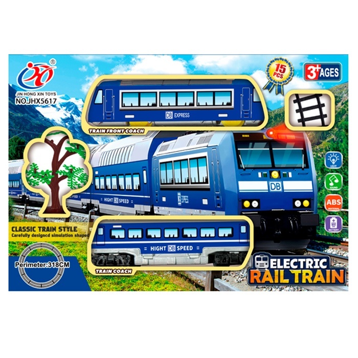 Залізниця JHX5617 локомотив, 1 вагон, муз., світло, дерево, 15 дет., бат., кор., 36-25-6,5 см.