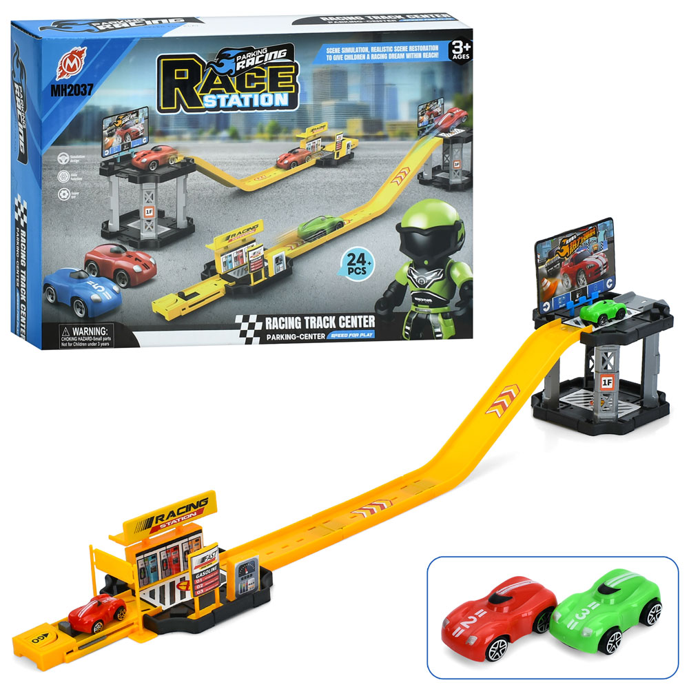 Гараж MH2037 2 поверхи, запуск, машина, 2 шт., 24 дет., кор., 27-19-5,5 см.