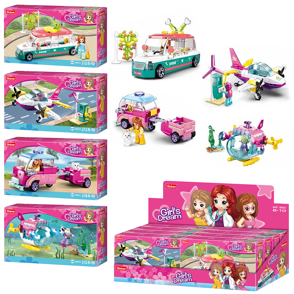 Конструктор SLUBAN M38-B0921 транспорт, фігурка, від 111дет., кор.,8шт.(4 види)в диспл.,48-15-19,5см