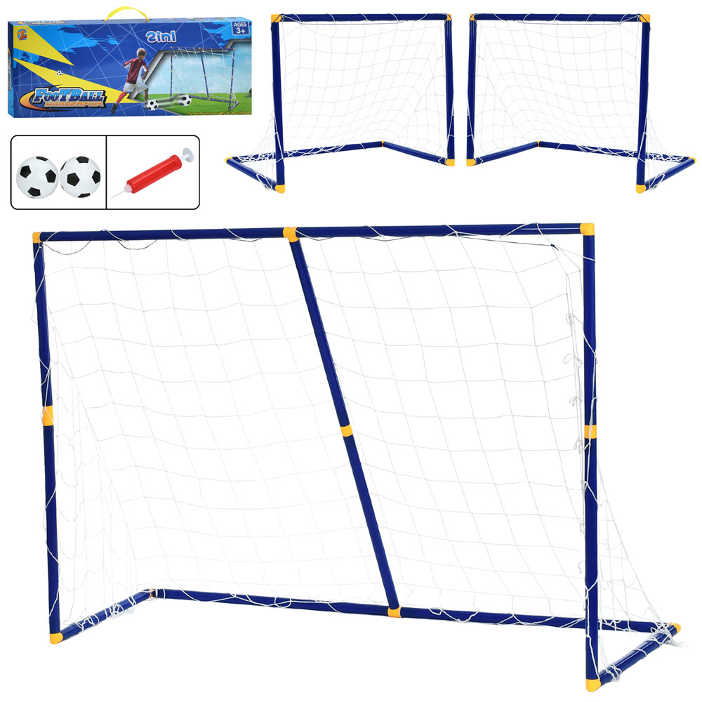 Футбольні ворота MR 1534 (12шт) 2в1 (1шт 138-45,5-в100см, 2шт 73,5-45,5-в55,5см), сітка 3шт, насос, м'яч 2шт,в кор-ці, 66-25-5см