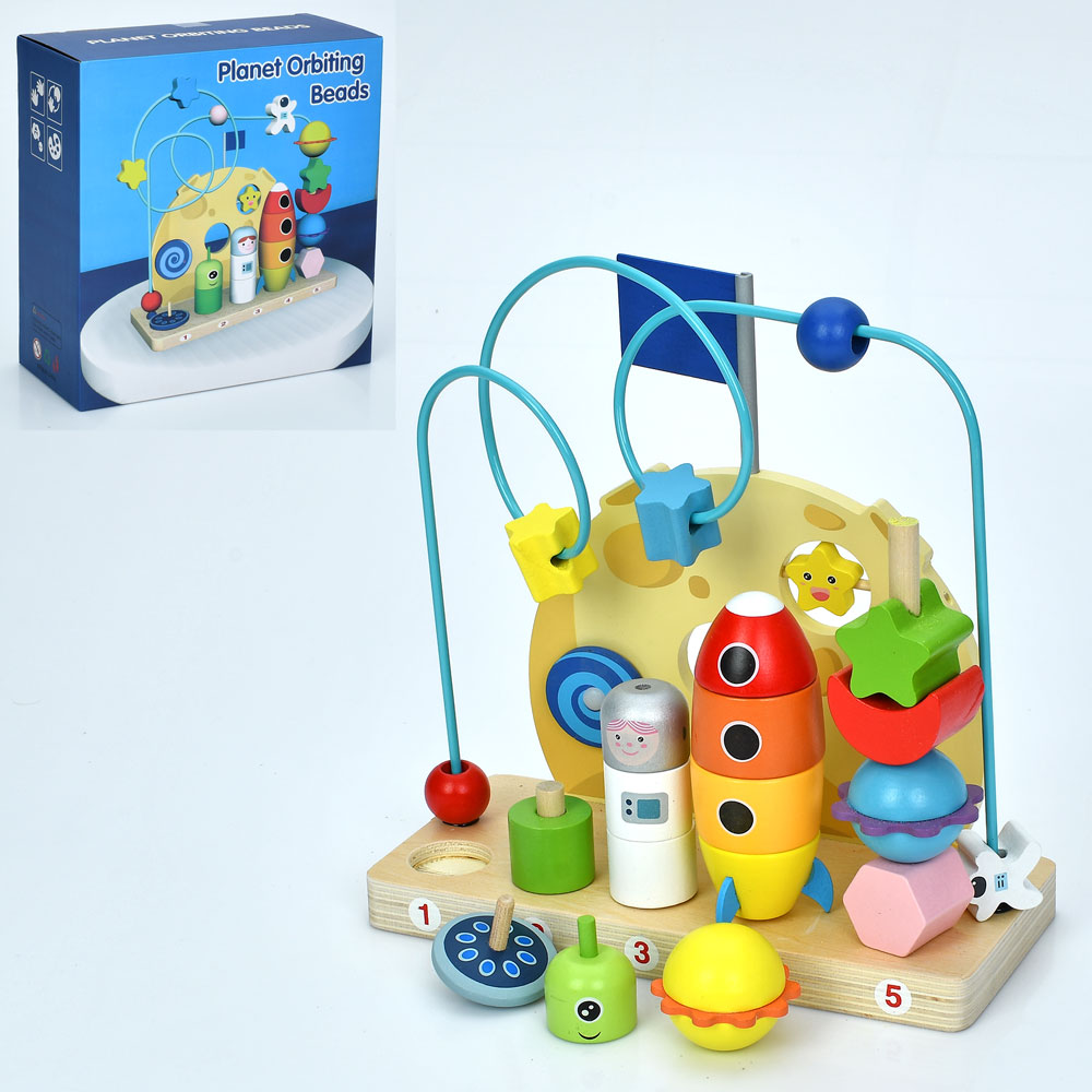 Дерев'яна іграшка Лабіринт MD 1976 на дроті, пірамідки (фігурки, ракета, фігури), кор., 25-24-11 см.