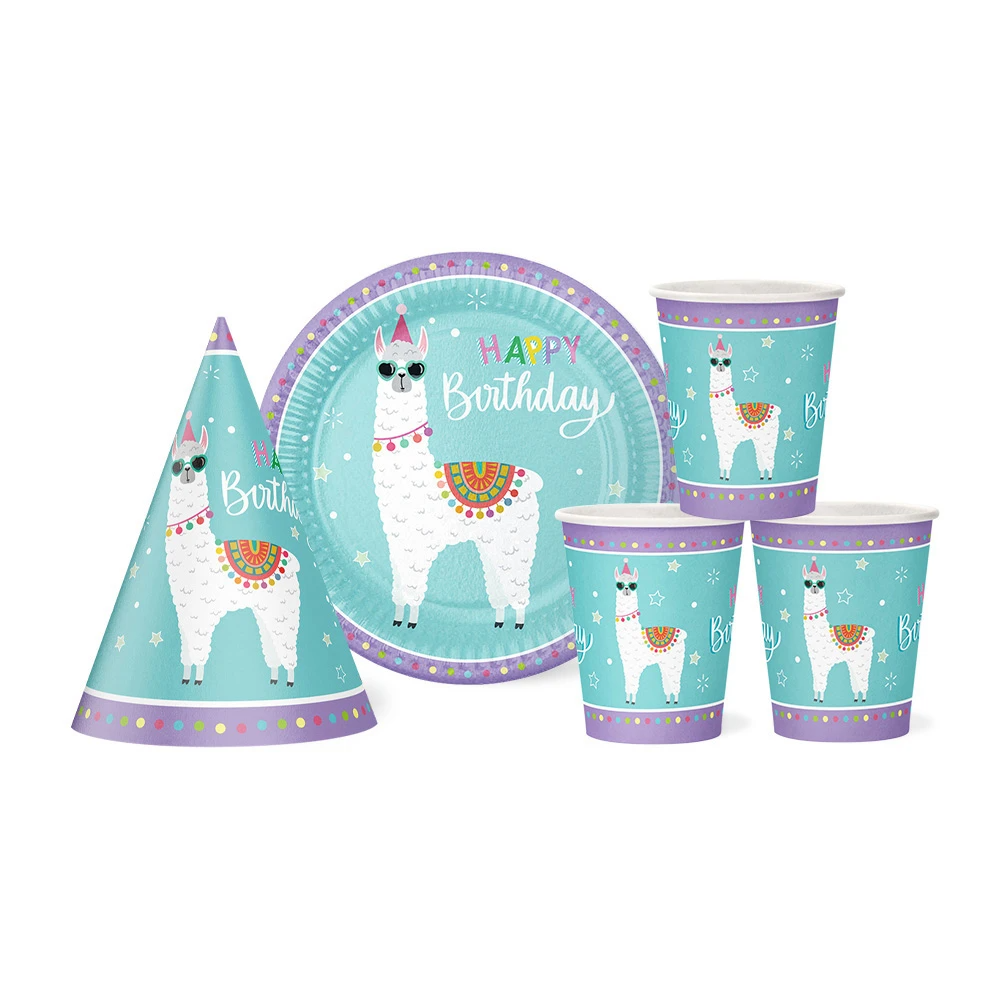 Набір посуду з ковпачками "Happy Birthday" лама на 10 осіб