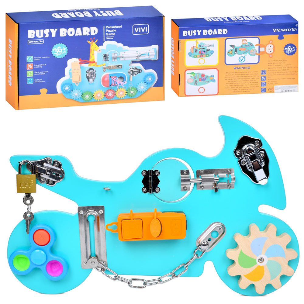 Дерев'яна іграшка бiзiборд MD 0800 мотоцикл,спінер/м'які кнопки,замок із ключем,засув,рух.дет.,кор.