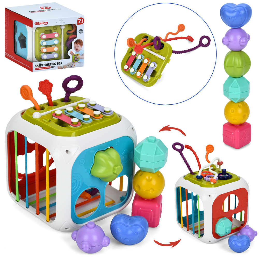 Гра 688-74 куб,7в1,розвиваюч.,грані-резинки,ксилофон,рух.дет.,сортер,прорізув.,фігурки,кор.,15-15-15