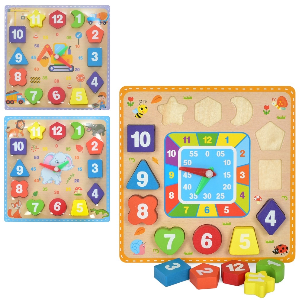 Дерев'яна іграшка Годинник MD 1903 рамка-вкладиш, 3 види, кул., 18-18-2 см.