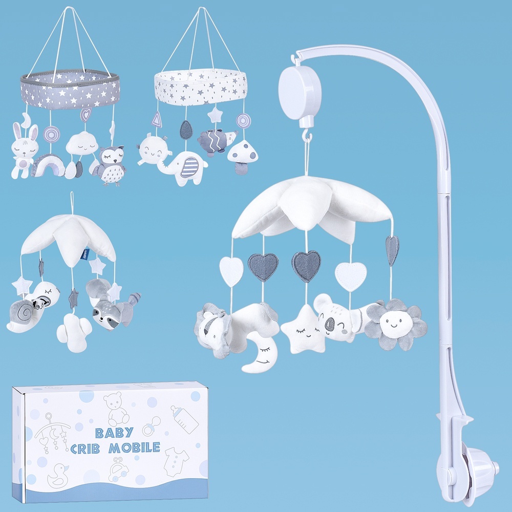 Карусель на кроватку HB 0068 ABCD на ліжко, заводна, підвіски, плюш, 4 види, муз., кор.,35,5-20-8см.