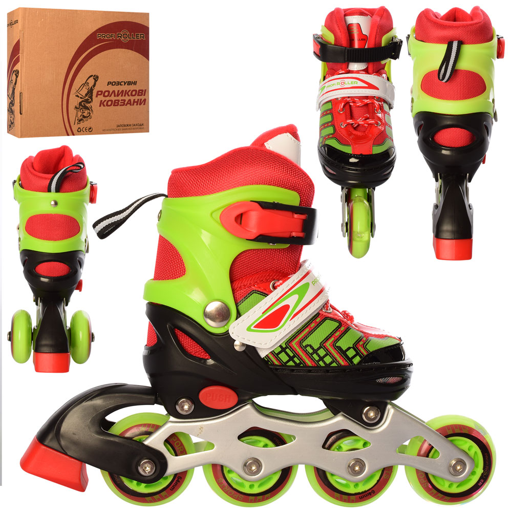 Ролики A 4137-XS-R(27-30) розсув.,шнур+бакля,ал.рама,кол.ПУ,64мм,1світло,комбо,черв.,кор.35-27-10см.