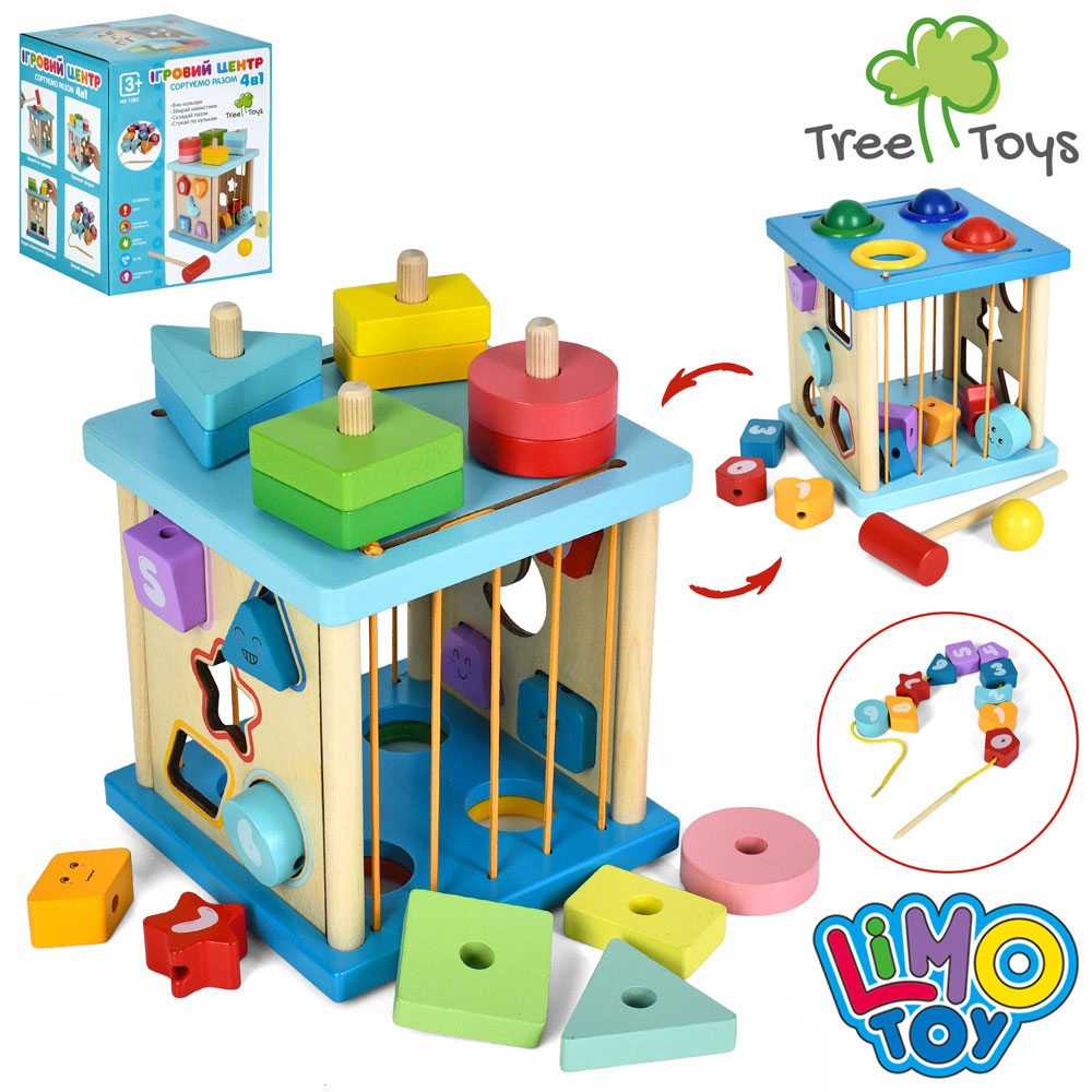 Дерев'яна іграшка центр розвиваючий MD 1382 4в1,куб,сортер(10фігур),стукалка,геометрика,кор.,15-18,5