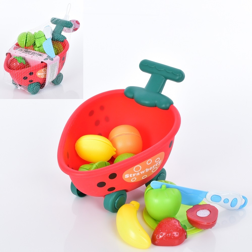 Фотография 1 товарной позиции интернет-магазина детских игрушек www.smarttoys.com.ua Візок 2201 9 предметів (фрукти на липучці, ніж, тарілка), сітка, 26-18-18 см.