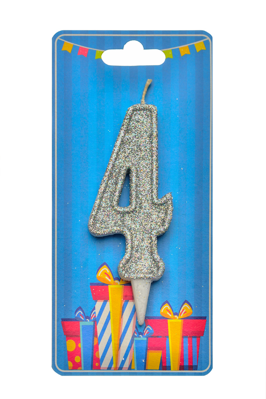 Свічка для торта  "Цифра 4" срібло блиск