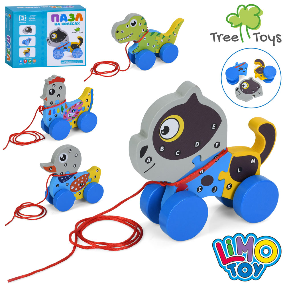 Дерев'яна іграшка каталка MD 0754 Пазл на колесах,тварина/пташка на колесах,4 види, в кор.,20-16-6см