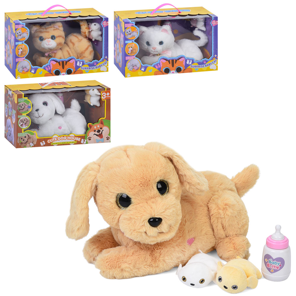 М'яка іграшка 933-81-140E 25-17-20см, сенсорна, звук, малята 2шт. пляшечка, (собака,кіт) 2кол.,бат.