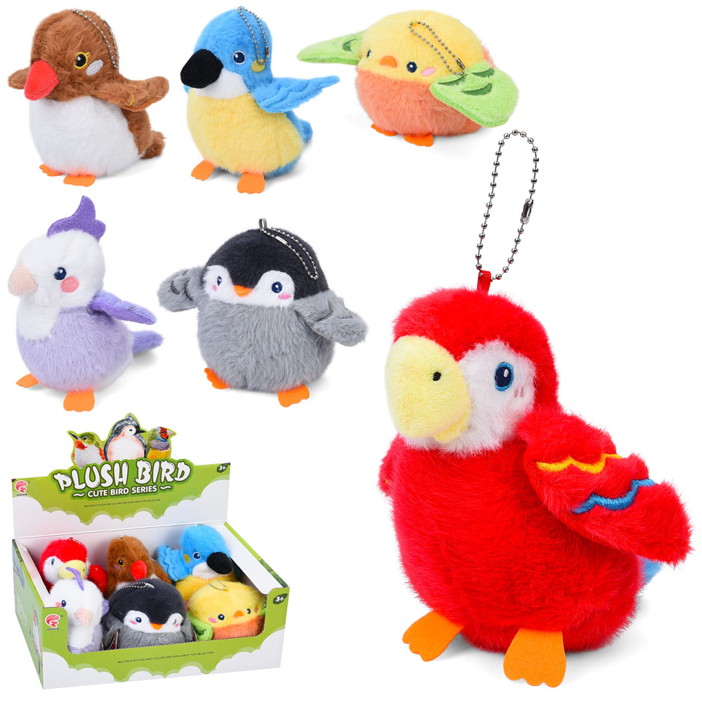 М'яка іграшка 688-392A (60шт) пташка, від 9 до 13,5см, звук, петелька, бат(табл), 6шт(6видів) в дисплеї, 28,5-11,5-18см