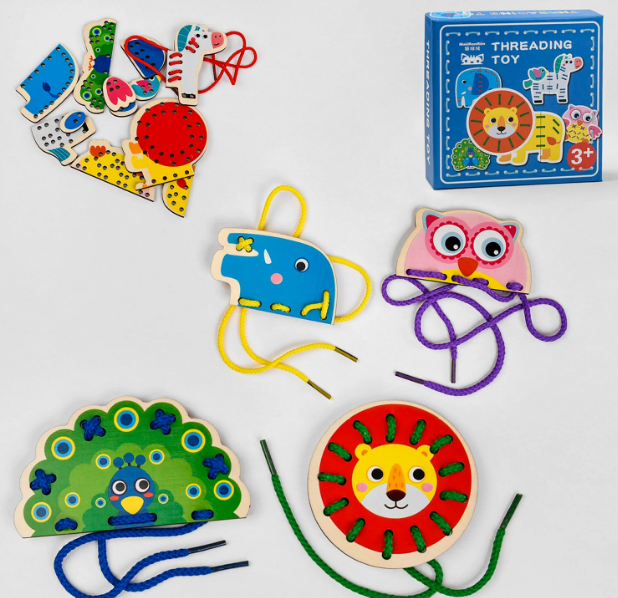 Дерев'яна Шнурівка С 48520 (48) "Тварини", 5 ігрових панелей, 5 шнурків, аксесуари, в коробці