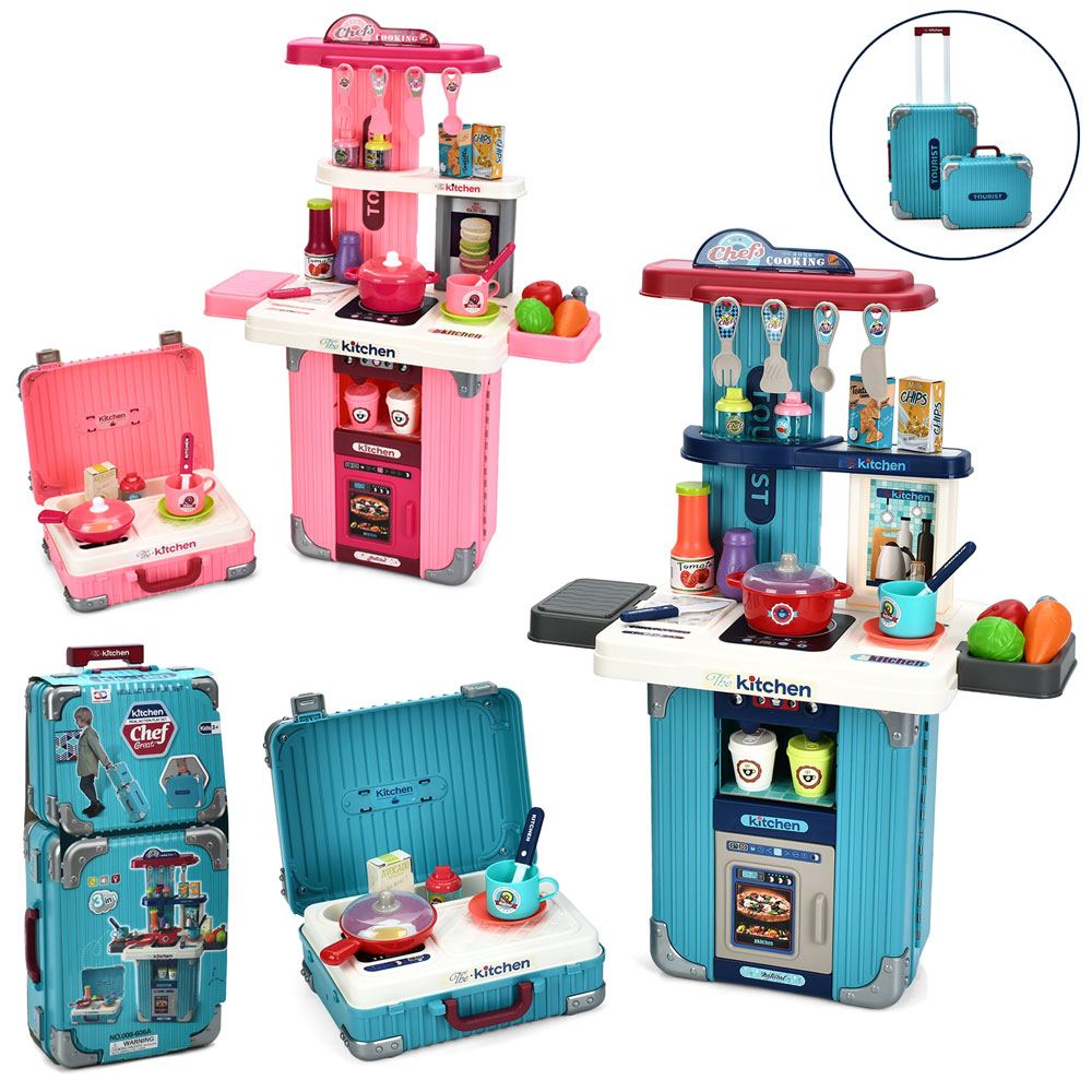 Кухня 008-601-606A 3в1, плита,звук,світло,духовка,посуд,продукти,складається у чемодан,2 кольори,бат
