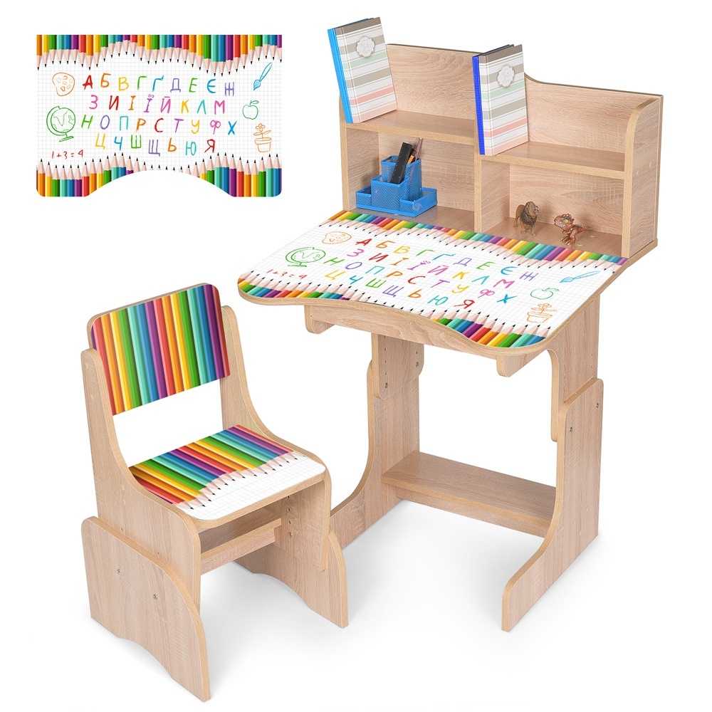Парта N 2071-11-3 зі стільчиком, регул.висота, олівці, укр. абетка, дуб сонома
