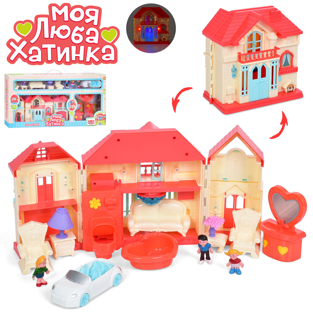 Будиночок WD-933D автомобіль, фігурка 3 шт., меблі, муз., світло, бат., кор., 64-32-8 см.