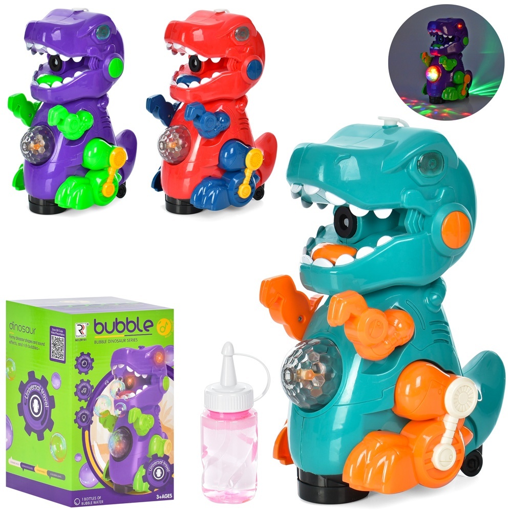 Мильна гра ZR161 динозавр, їздить, запаска, 3 кольори, муз., світло, бат., кор., 14,5-22-14,5 см.