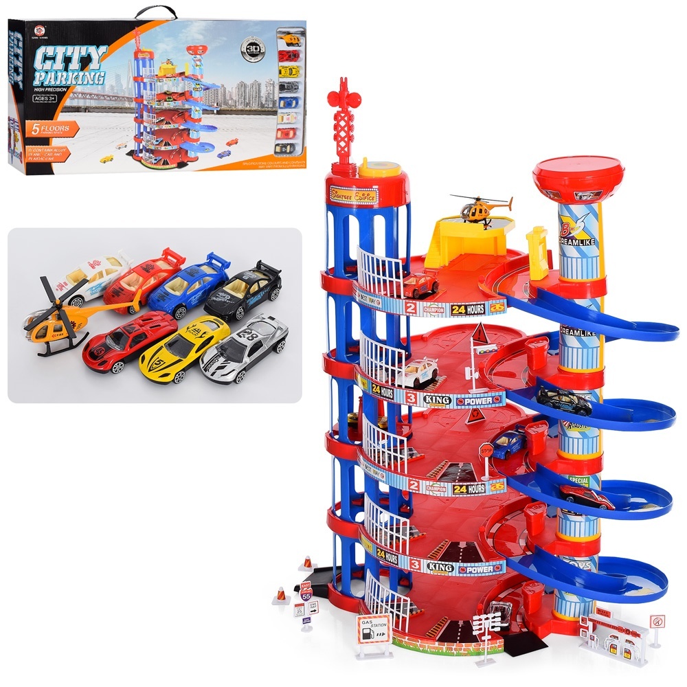 Гараж 0908-56B 5 поверхів, транспорт 8шт. (4-мет.), дорож.знаки, рухомі.дет., кор., 73-39-11,5см.