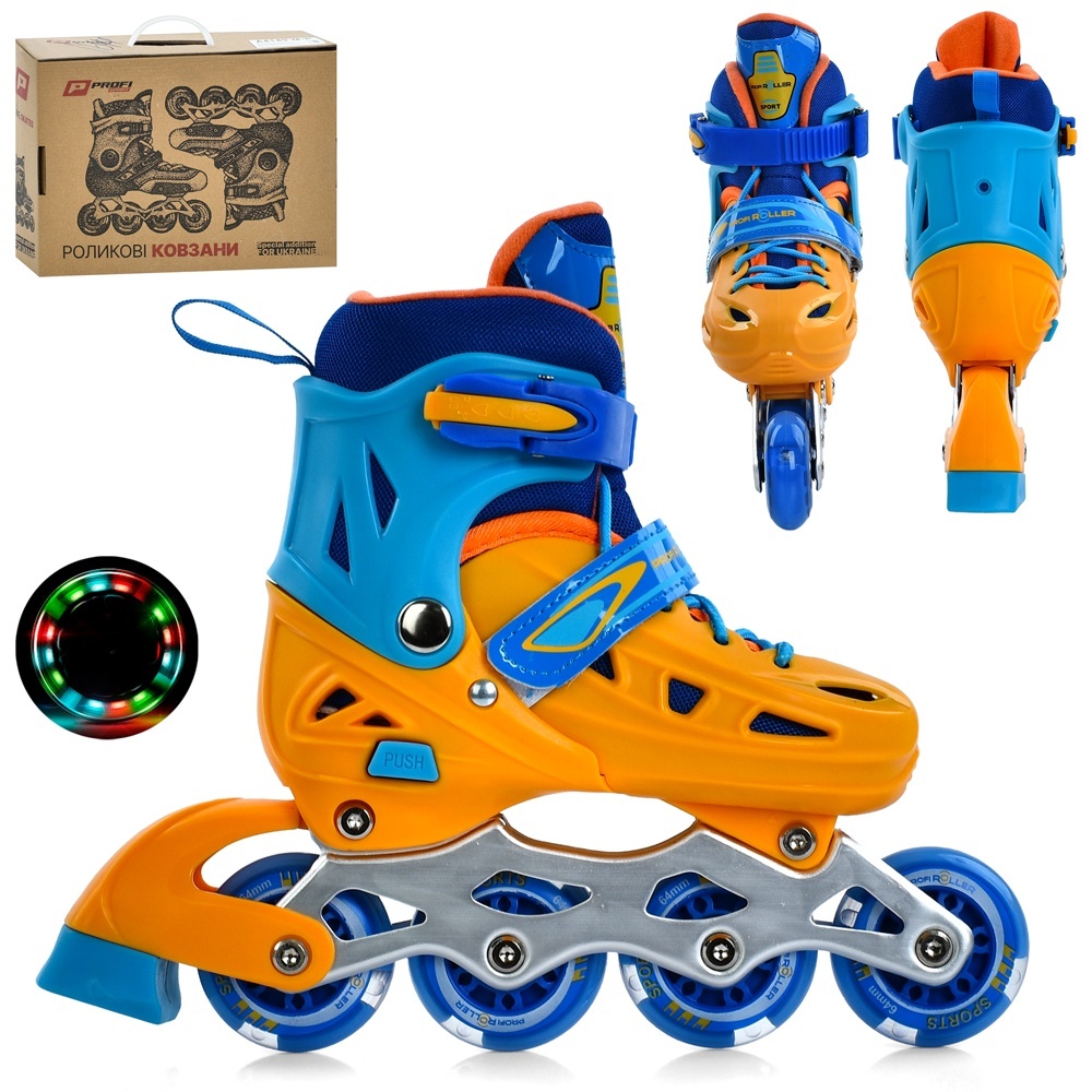 Ролики A4151-S-YL (31-34)розсувні,шнурівка+бакля,алюм.рама,колесаПУ64мм світло,устілка 20см.,жовт-бл