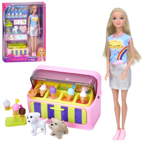 Лялька 51846 шарнірні руки, собачки, прилавок, морозиво, кор., 23-33-7 см.