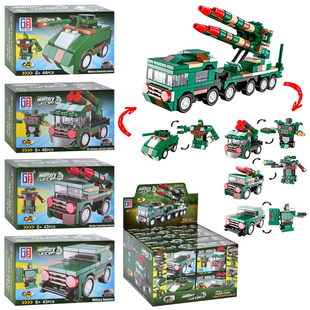 Конструктор 123-417/420 (240шт) військовий транспорт, від  43 дет, 20шт(4 вида) в дисплеї, 27-21,5-17см