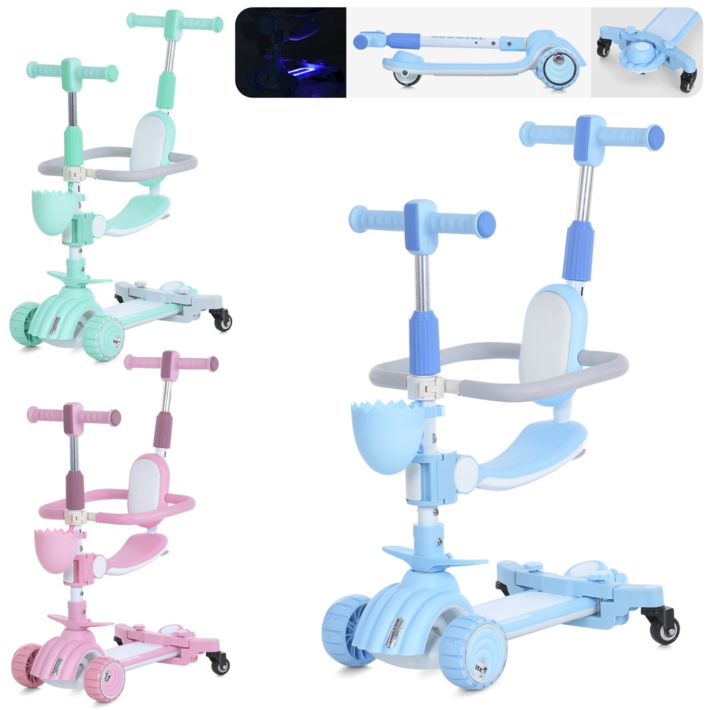 Самокат JR 3-118 5в1(біговел),мет.+пласт.,3кол.ПУ,2пер.115мм,задн.85мм,3кольори,муз.,світло,бат.,кор