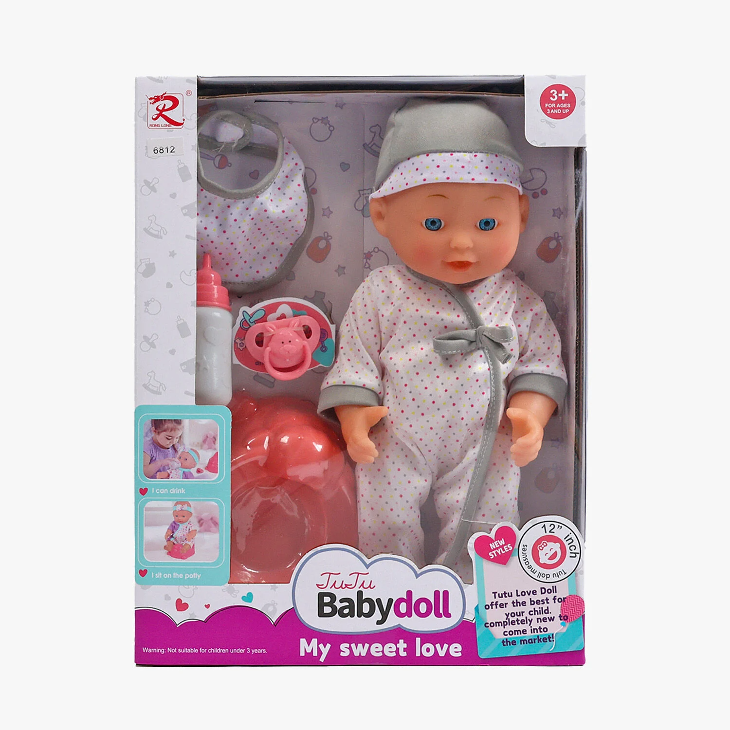 Фотография 1 товарной позиции интернет-магазина детских игрушек www.smarttoys.com.ua Пупс 6812 (24) п’є з пляшечки, ходить на горщик, аксесуари, висота 32 см, в коробці