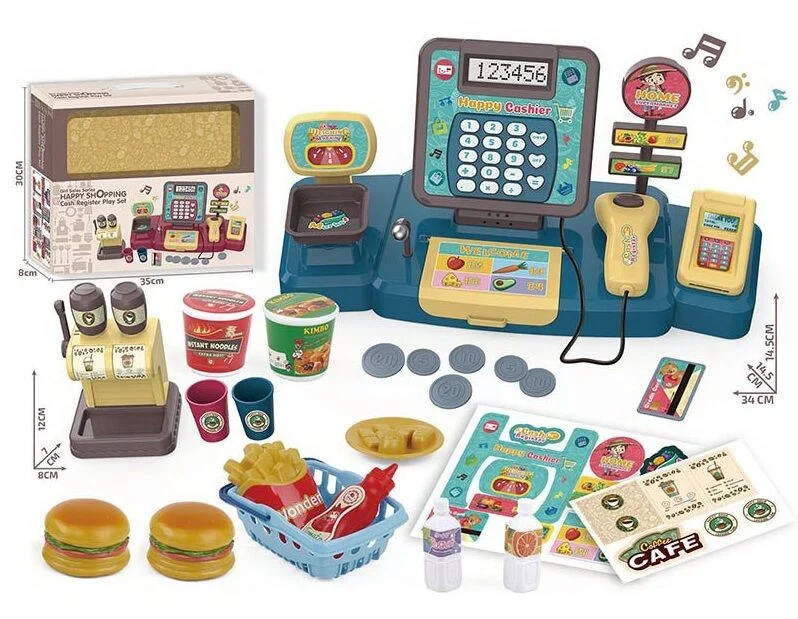 Фотография 1 товарной позиции интернет-магазина детских игрушек www.smarttoys.com.ua Касовий апарат 71022-55 (36) калькулятор, звук, кошик з продуктами, кавовий апарат, у коробці