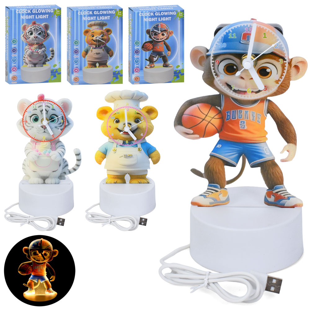 Нічник 8N50-27-29-32 2в1(годинник), тварина, від мережі (USB), 3 види (тигр, ведмедик, мавпа),в кор.