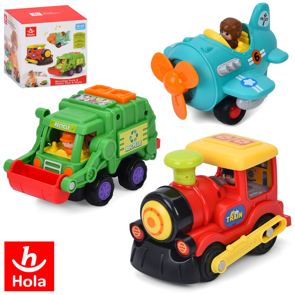 Набір з транспортом HA7871 наб.3шт(сміттєвіз 15см, поїзд 12см, літак 12см), інерц, рух.деталі,в кор.