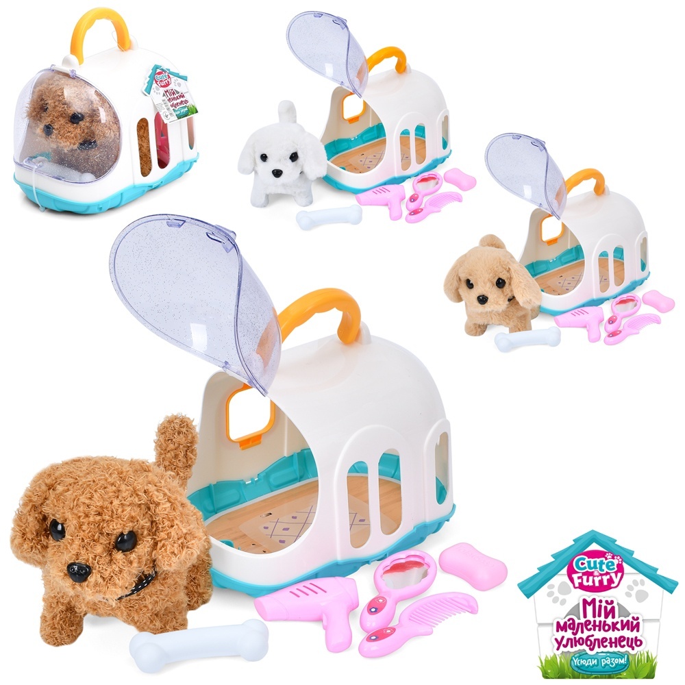 Тварина в переносці 051-1B собака, ходить, набір грумера, 3 види,  муз., бат., кул., 22-16-16 см.