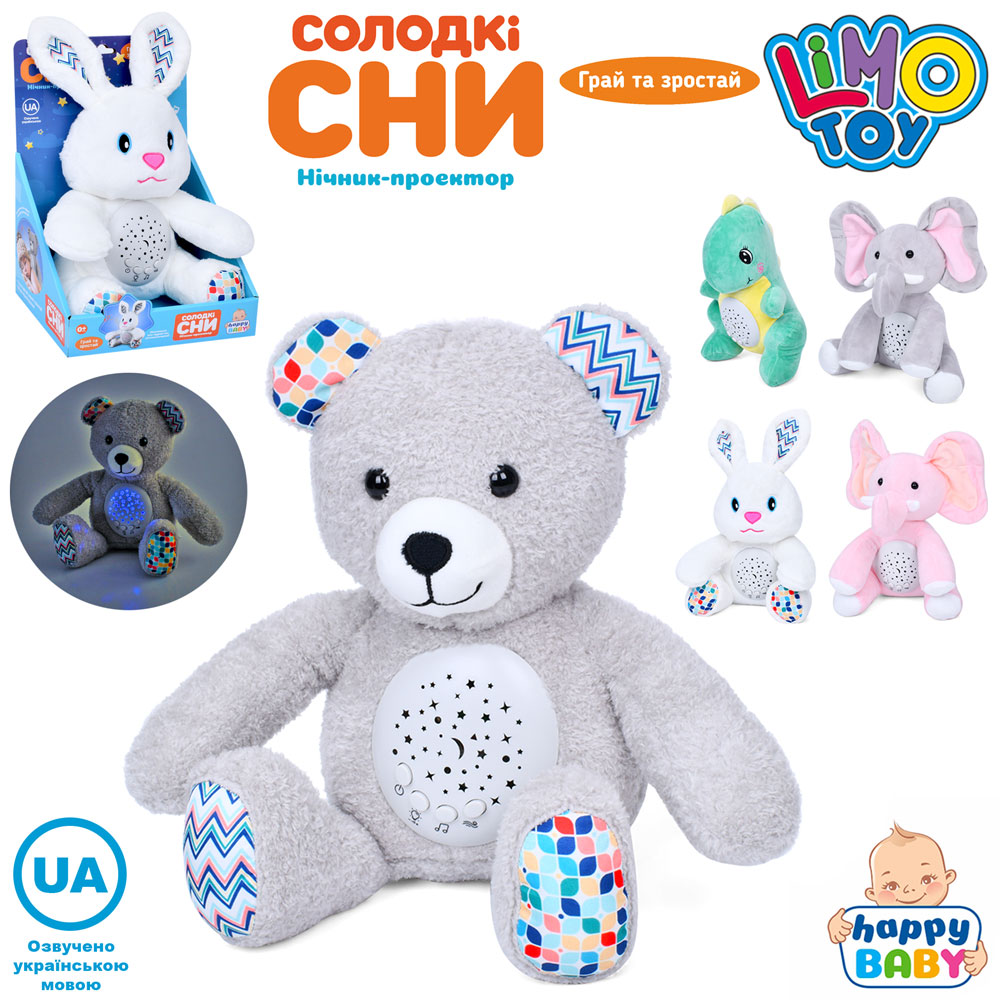 Нічник HB 0044 ABCDE плюш, 5 видів, світло/проектор зоряного неба, муз.(УКР.), бат.,кор.,30-20-16см.