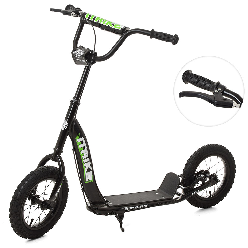 Самокат SR 2-043-1-B підлітковий, 2 кол.-гума 12д, кермо, до 60 кг, підніжка, ручні гальма, чорний.