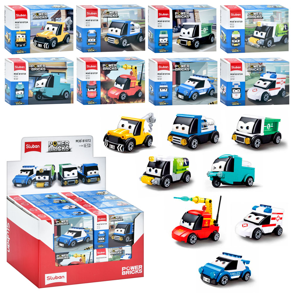 Конструктор SLUBAN M38-B1072 машинки, інерц., від 37дет., кор., 16шт. (8 видів)в диспл.,28,5-19-19см