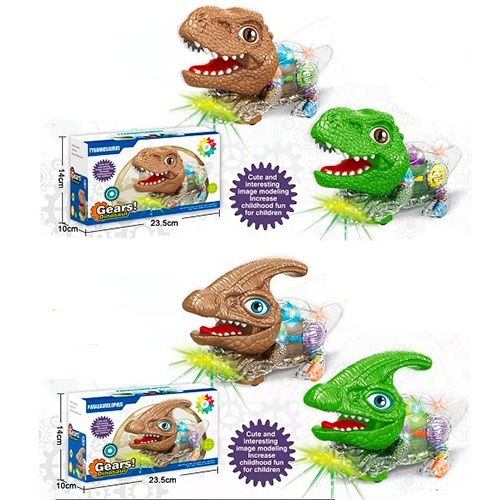 Динозавр QF07-1-2 їздить, шестерні, 2 види по 2 кольори, муз., світло, бат., кор., 23,5-14-10 см.