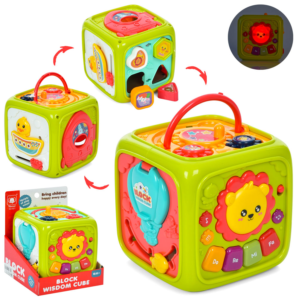 Гра 821 куб,піаніно,барабан,зв.тварин,сортер(4фігури),шестерні,рух.дет.,мікс кольорів,муз.,бат.,кор.