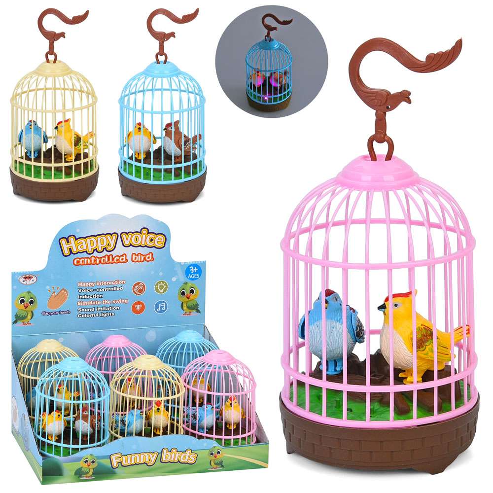 Птах 399-19 2шт., в клітці, реагує на хлопок,3 кольори,муз.(англ),світло,6 шт. в диспл.,32-16,5-21,5