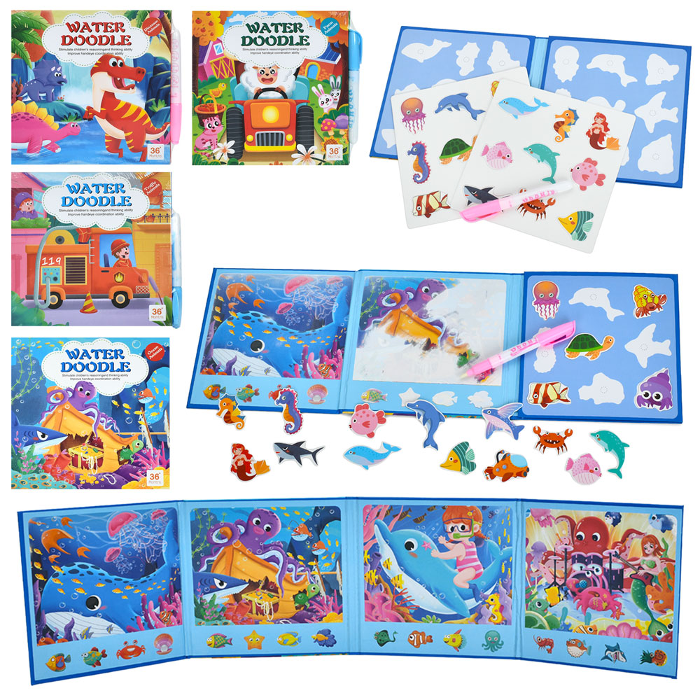 Книжка для малювання INT 0025 для малювання водою, маркер для води, картинки з липучками,4 види,кул.