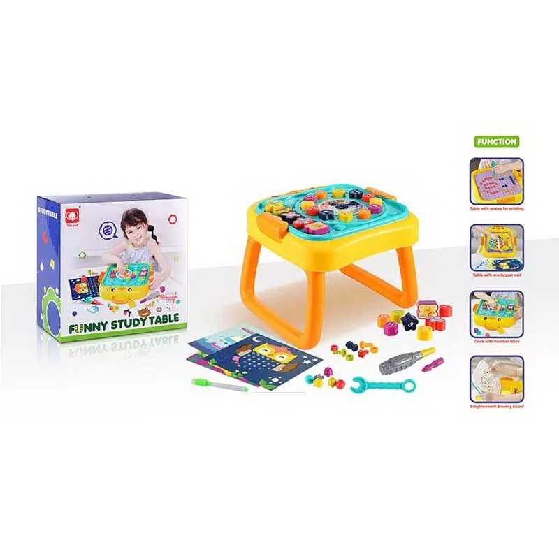 Ігровий столик 835 (18) мозаїка, дошка пиши-витирай, болтики, викрутка, геометричний сортер, пазл, годинник, цифри й математичні знаки, в коробці