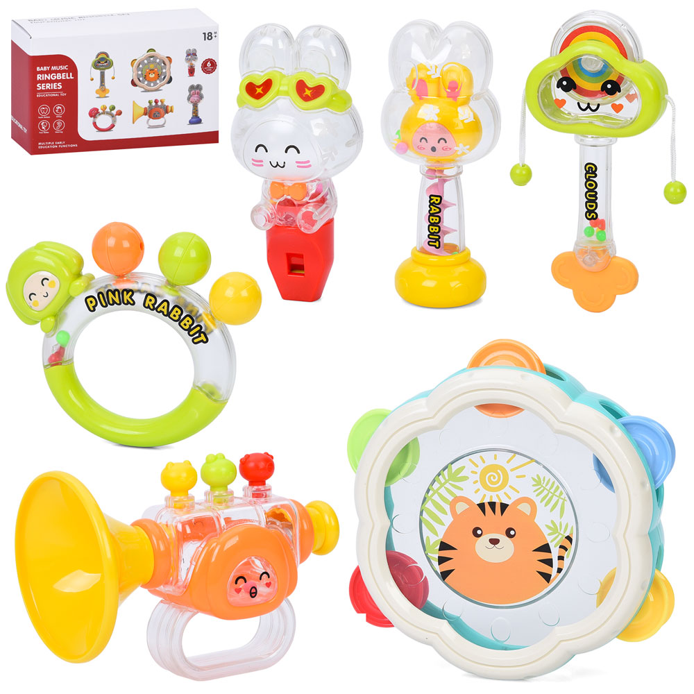 Гра YL560B набір брязкалець 6шт.(брязкальце 2шт, прорізувач, свисток, дудка, бубон,кор.,23-14,5-9см.