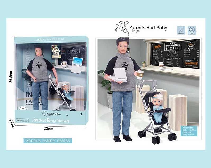 Фотография 1 товарной позиции интернет-магазина детских игрушек www.smarttoys.com.ua Лялька A 787-3 (24/2) тато з донечкою, візочок, ноутбук, чашка, висота 30 см, в коробці