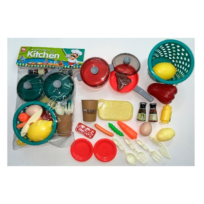 Набір посуду 0014-10 (48шт) каструля, сковорідка, тарілки, кухонний набір, продукти, у пакеті, 25-39-11см