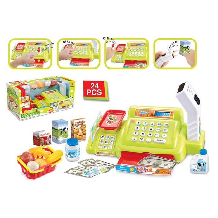 Касовий апарат 888A сканер,  гроші, продукти, корзина, 24пр, муз., світло бат., кор.,36-18,5-17,5см.