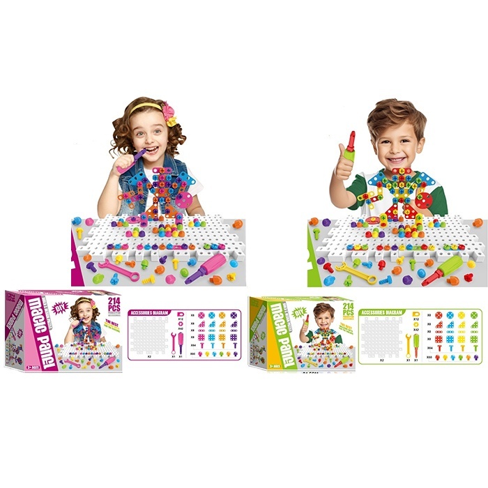 Мозаїка 666-61-62 2в1, болти, ігровеполе(пазли, 2дет), інструменти, 214дет, 2 види, кор.,24,5-19-7см