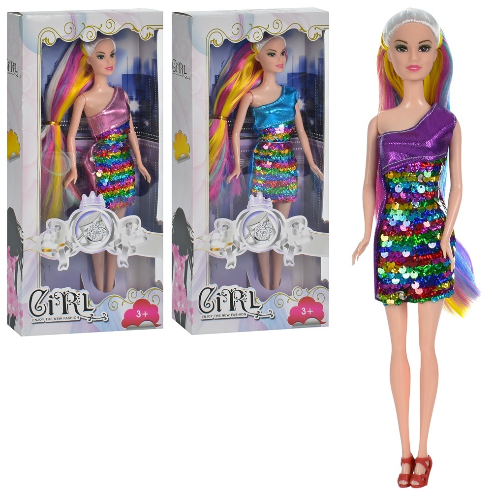 Лялька DJ399 довге волосся, сукні-паєтки, 3 види, кор., 15-32,5-5 см.