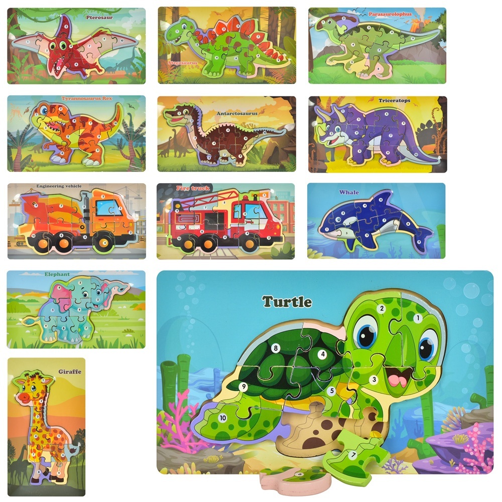 Дерев'яна іграшка Пазли MD 1924 транспорт/тварини/динозаври, 12 видів, кул., 22,5-13-1 см.