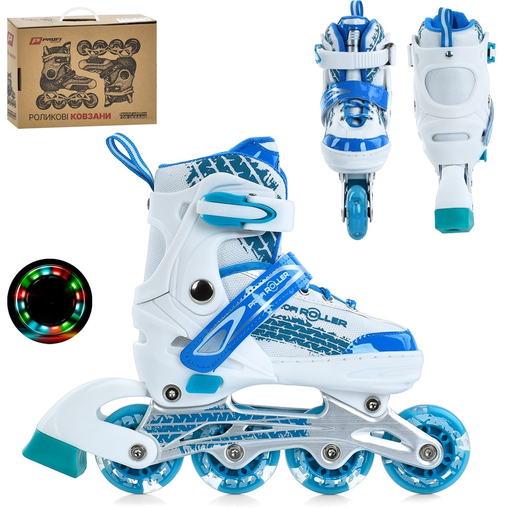 Ролики A4150-S-WBL (31-34)розсувні,шнурівка+бакля,алюм.рама,колесаПУ64мм світло,устілка 18,5см.,біло