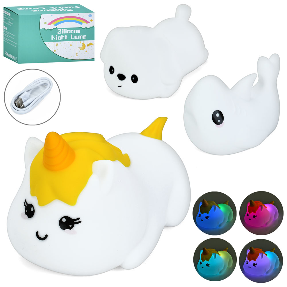 Нічник JL-702-703-707 акум.,кольор.світло(керув.дотиком),3 види(акула,собака,єдиноріг)силікон,USB,ко