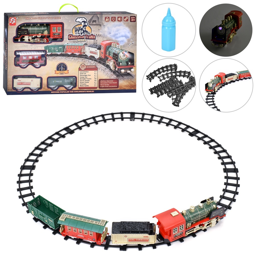 Залізниця 3128AB локомотив, 3 вагони, пара/дим, 2 види, 26 дет., муз., світло, бат.,кор.,60-35,5-9см